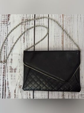 Halogen Black Leather Clutch Asymmetrical Design with‎ Chain Strap